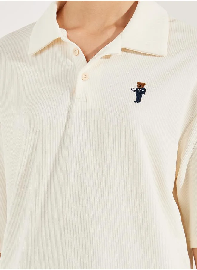 Styli Oversized Ribbed Bear Patch Polo T-Shirt