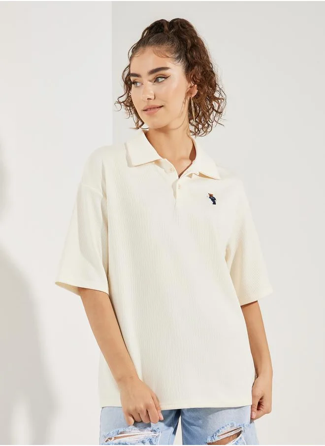 Styli Oversized Ribbed Bear Patch Polo T-Shirt
