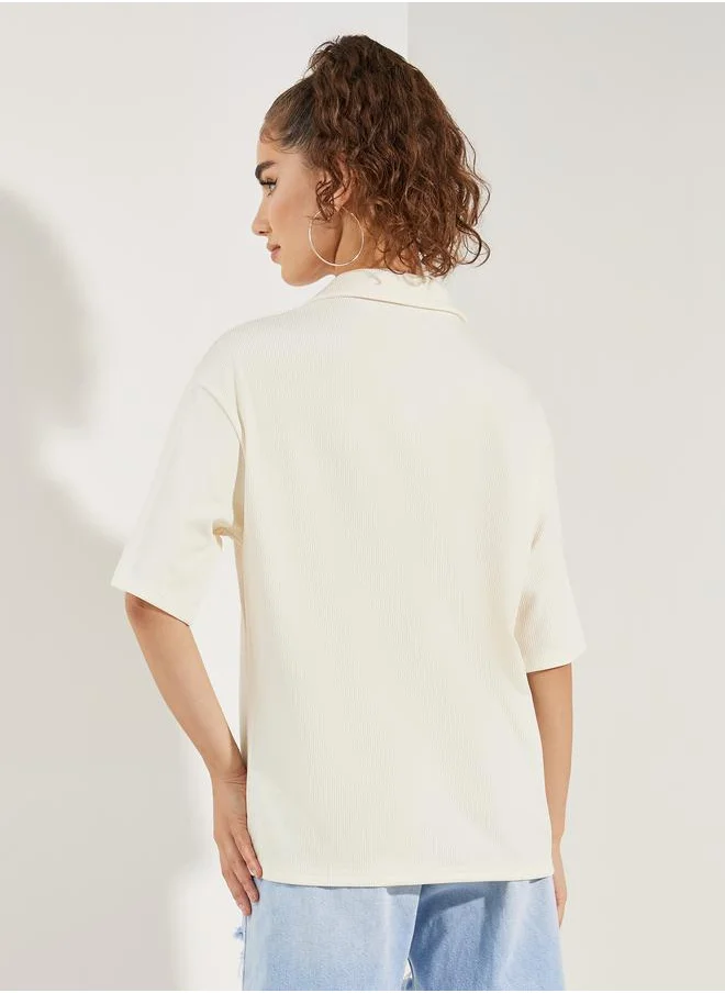 Styli Oversized Ribbed Bear Patch Polo T-Shirt