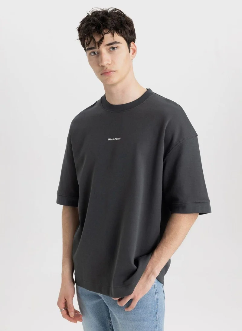 DeFacto Loose Fit Crew Neck Slogan T-Shirt