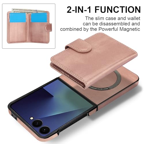 XIMAND for Samsung Galaxy Z Flip 7 Case with 2 in 1 Detachable Magnetic Wallet 4 Card Slots and Cash SlotCompatible with MagSafe Wireless Charging RFlD Blocking Rose Gold - Image 3