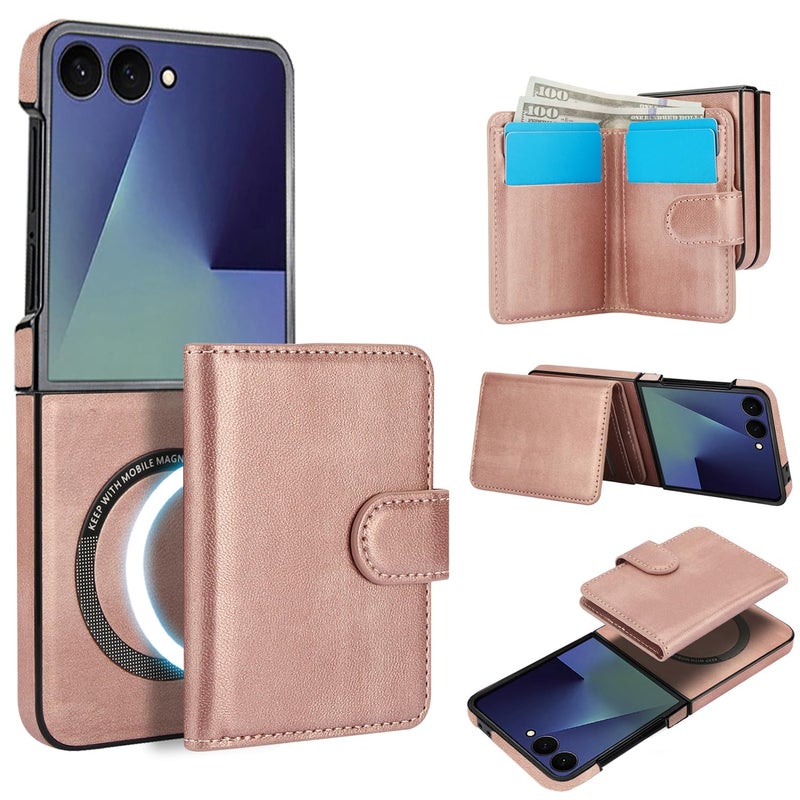 XIMAND for Samsung Galaxy Z Flip 7 Case with 2 in 1 Detachable Magnetic Wallet 4 Card Slots and Cash SlotCompatible with MagSafe Wireless Charging RFlD Blocking Rose Gold - Image 2