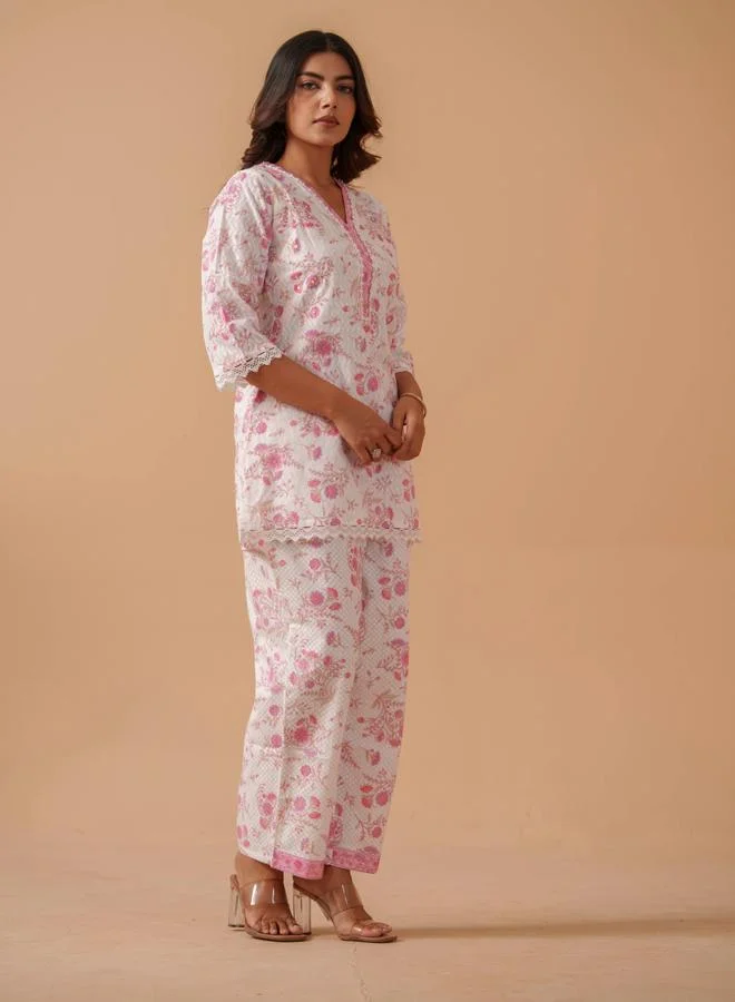 DW DW Floral Printed Pure Cotton Tunic with Trousers Co-Ords