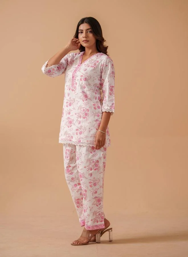 DW DW Floral Printed Pure Cotton Tunic with Trousers Co-Ords
