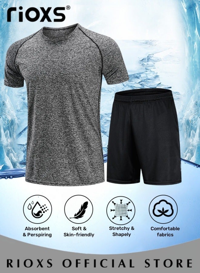 RIOXS Men's 2PCS Fitness Sports Set, Quick-Drying Short-Sleeved T-Shirt and Shorts, Lightweight Breathable Running Tight Set, Skin-friendly Wear-resistant Training Tracksuit, Designed for Athletic Comfortable Experience  - Image 2
