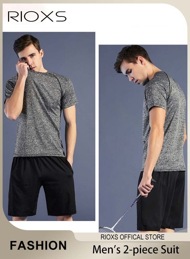 RIOXS Men's 2PCS Fitness Sports Set, Quick-Drying Short-Sleeved T-Shirt and Shorts, Lightweight Breathable Running Tight Set, Skin-friendly Wear-resistant Training Tracksuit, Designed for Athletic Comfortable Experience  - Image 1