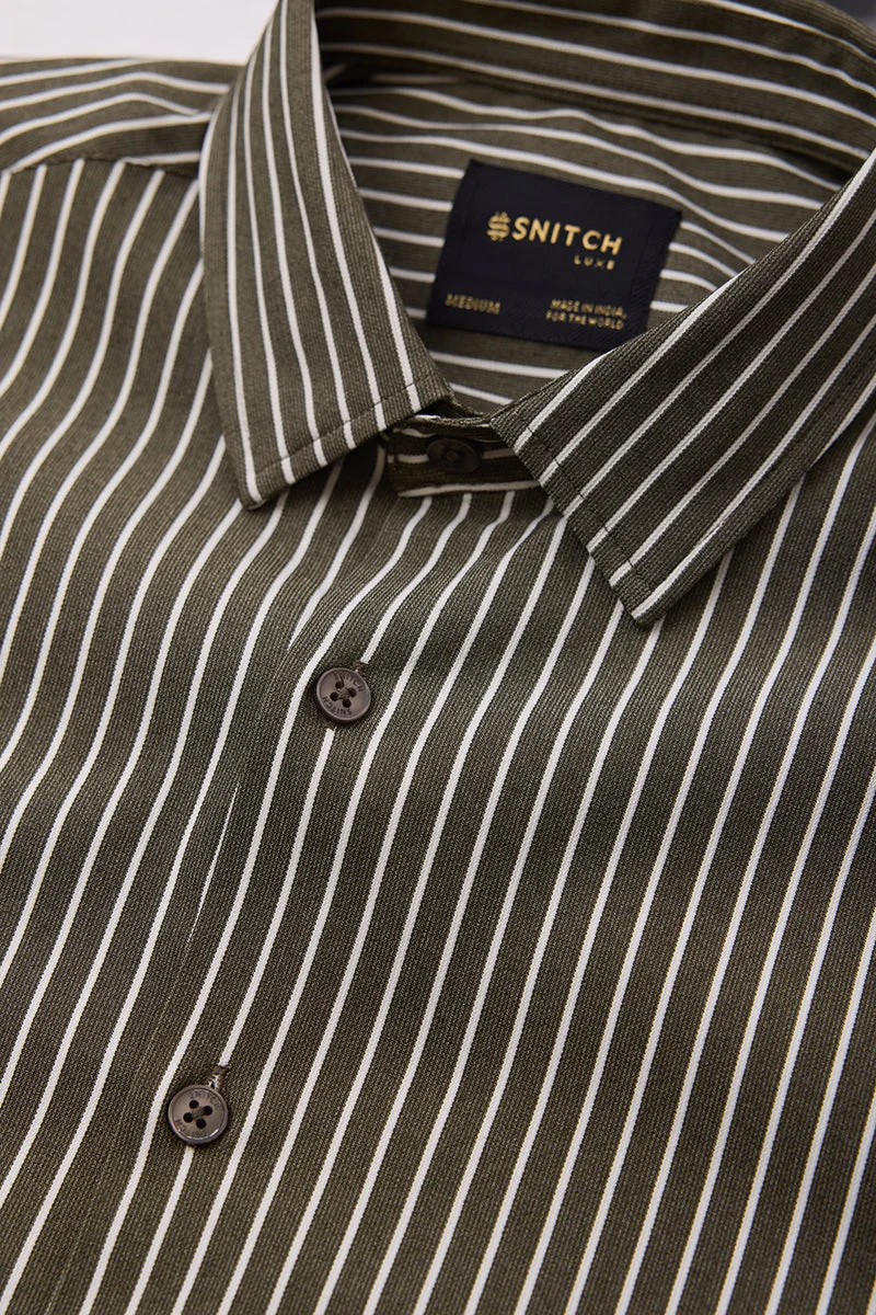 SNITCH Olive Striped Long Sleeve Slim Fit Formal Luxe Shirt