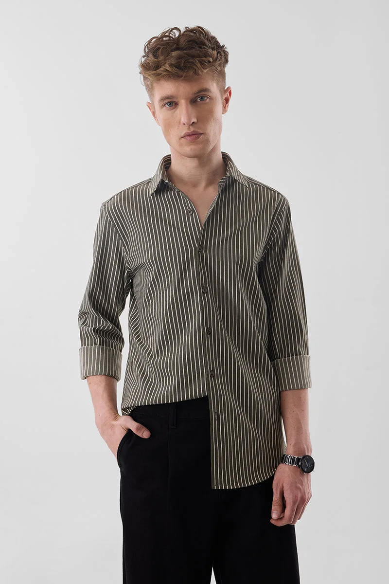 SNITCH Olive Striped Long Sleeve Slim Fit Formal Luxe Shirt