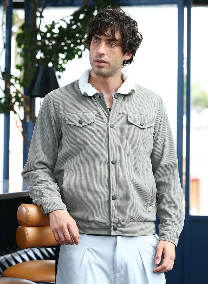 Campus Sutra Men Utility-Corduroy Jacket | Sherpa Point Collar, Long Button-Cuff Sleeves | Button , Band-Straight Hem | Colourblock Textured | Woven Fabric For Casual & Daily Wear | Coin Grey