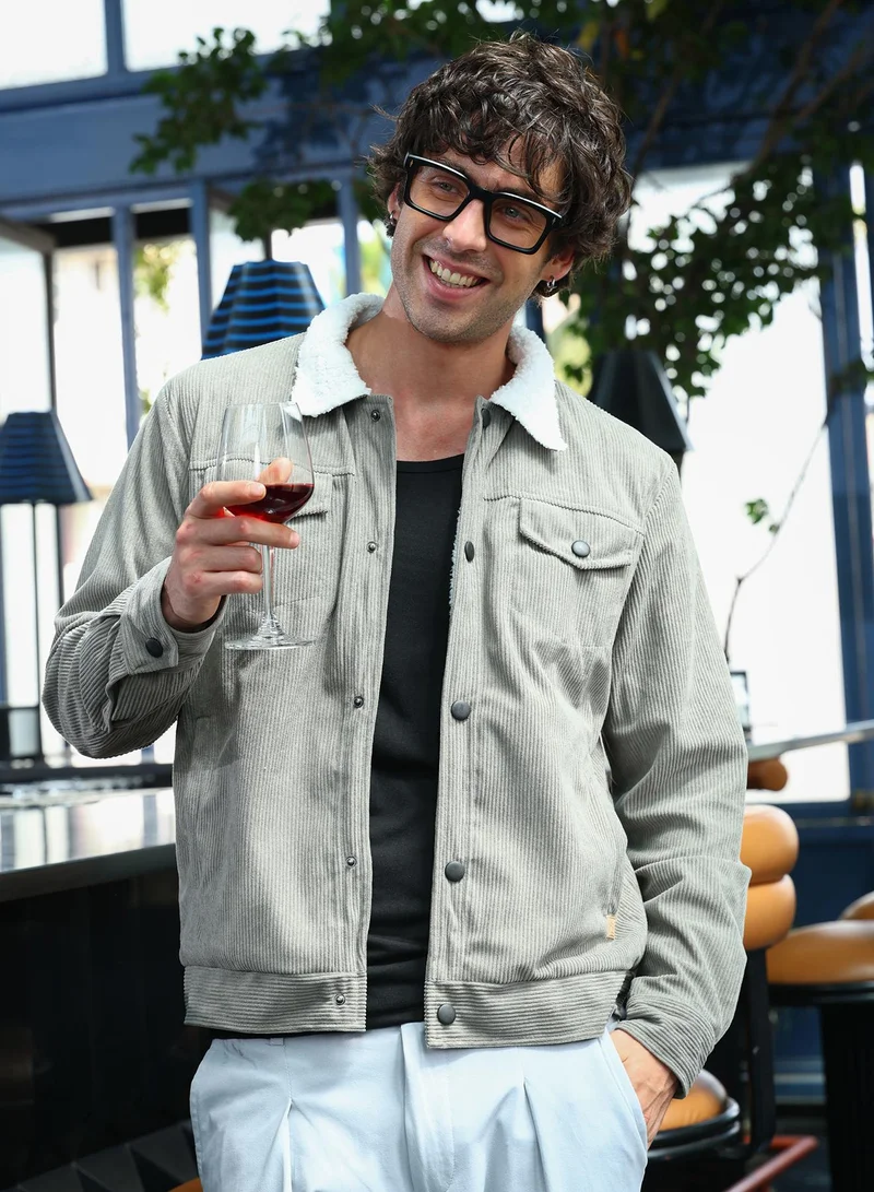 Campus Sutra Men Utility-Corduroy Jacket | Sherpa Point Collar, Long Button-Cuff Sleeves | Button , Band-Straight Hem | Colourblock Textured | Woven Fabric For Casual & Daily Wear | Coin Grey