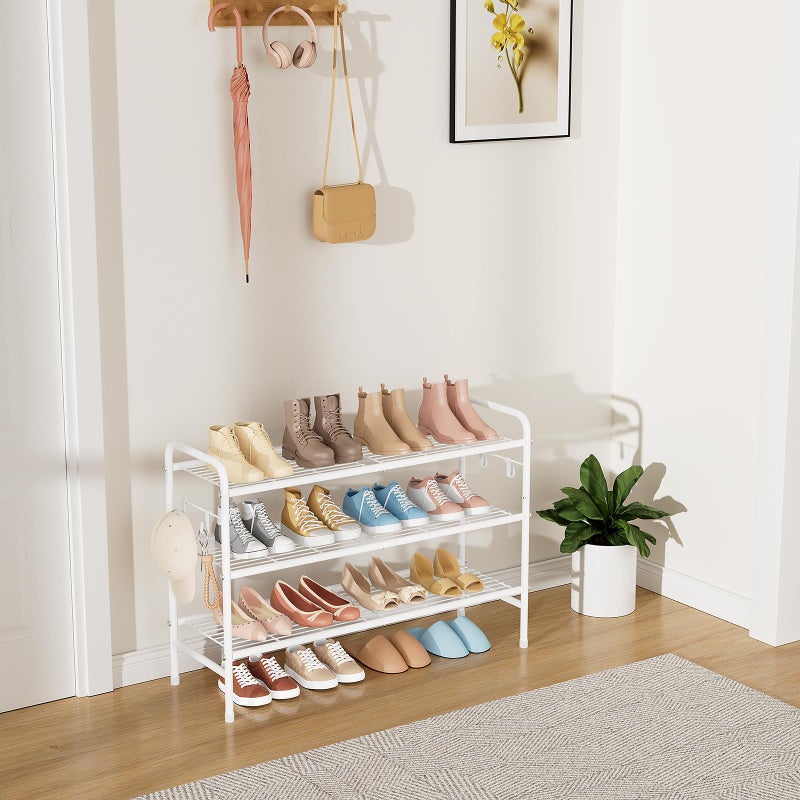 VILICK 3 Tier Shoe Rack 33" Wide Metal Shoe Organizer Long Shoe Storage with 4 Side Hooks Sturdy Shoes Shelf for Front Door Entrance, Closet, Garage, Dorm, White - Image 2