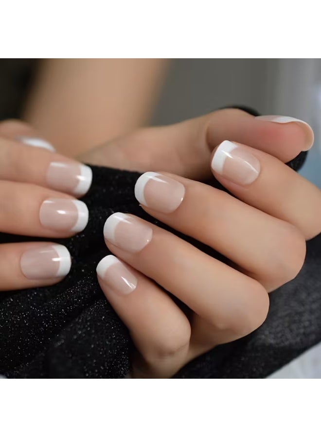LANGMANNI Set of 24 French Tip Press-On Nails - Shiny Nude And White, Short Square Acrylic Fake Nails with Jelly Stickers for Easy Application - Ideal for Work And Casual Outfits - Image 1