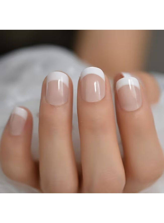 LANGMANNI Set of 24 French Tip Press-On Nails - Shiny Nude And White, Short Square Acrylic Fake Nails with Jelly Stickers for Easy Application - Ideal for Work And Casual Outfits - Image 2
