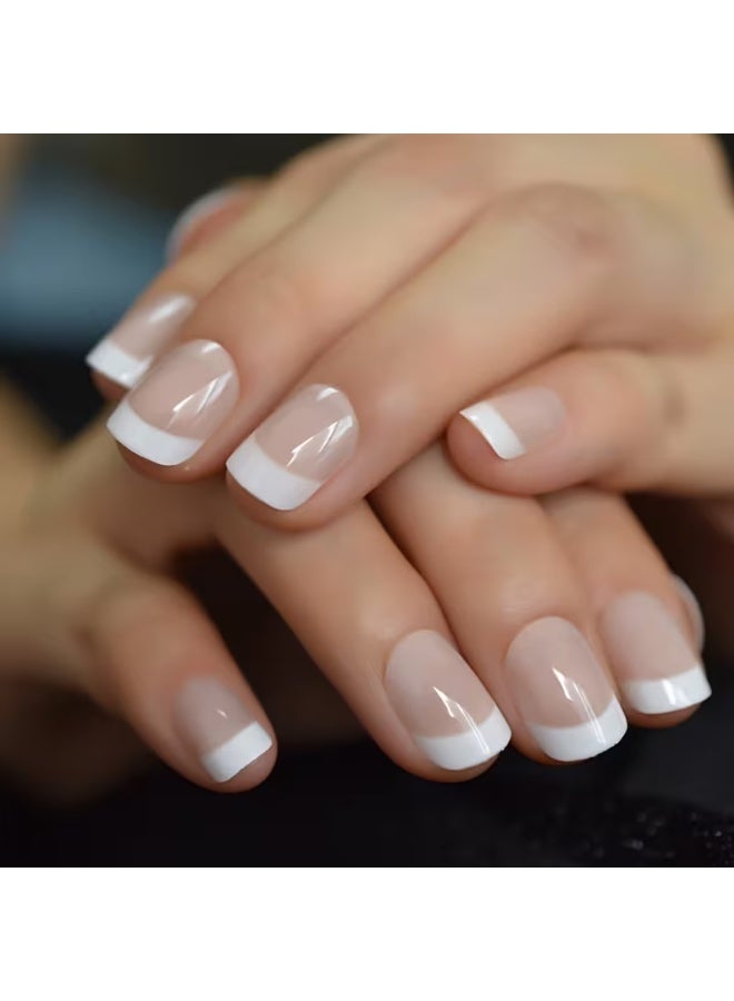 LANGMANNI Set of 24 French Tip Press-On Nails - Shiny Nude And White, Short Square Acrylic Fake Nails with Jelly Stickers for Easy Application - Ideal for Work And Casual Outfits - Image 4
