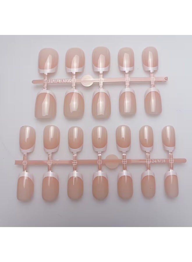 LANGMANNI Set of 24 French Tip Press-On Nails - Shiny Nude And White, Short Square Acrylic Fake Nails with Jelly Stickers for Easy Application - Ideal for Work And Casual Outfits - Image 5