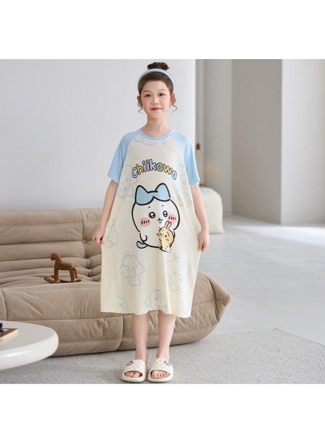 Children's Short-sleeve Modal Nightgown, New  Thin Style, Air-conditioned Room Loungewear, Girls' Cartoon Dress Pajamas