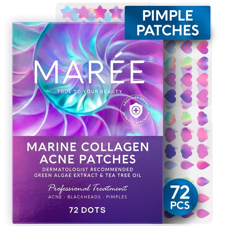 MAREE Star Pimple Patches for Face  Acne Patches  Natural Green Algae Extract  Tea Tree Oil  Hydrocolloid Stars Cute Zit Stickers Parches Para Acne  72 Marine Collagen Blemish Pimple Dots