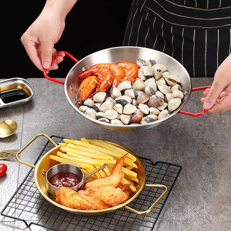 VALAJOGI Stainless Steel 24 cm Paella Pan Non-Stick Frying Wok for Spaghetti, Fried Chicken, Stir Fry & Rice | Double Handle Spanish Cooking Pot for Home & Restaurant | Heavy-Duty Camping (Golden) - Image 5