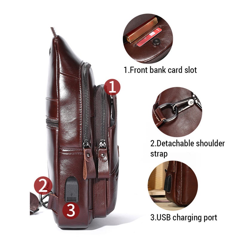 Genuine Leather Sling Bag Men Retro Shoulder Bag Multi-pocket Chest Bag with USB Charging Port - Image 4