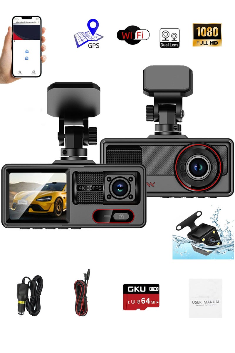 HANAMICHI 4K Dash Cam Front and Rear, STARVIS 2 Sensor, Touch Screen 2", 64 GB Card Included, Voice Control, 5.8GHz WiFi Car Dash Camera, GPS, Night Vision, Emergency Lock, Parking Mode (F7N Touch) - Image 1
