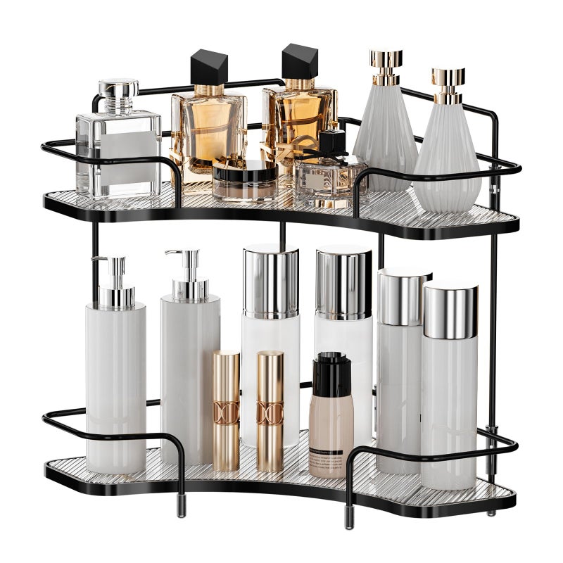 Seoneiro 2 Tier Corner Bathroom Counter Organizer  Cosmetic Skincare Organizer  Bathroom Countertop Perfume Tray Vanity Organizer  Kitchen Spice Corner Storage Shelf - Image 1