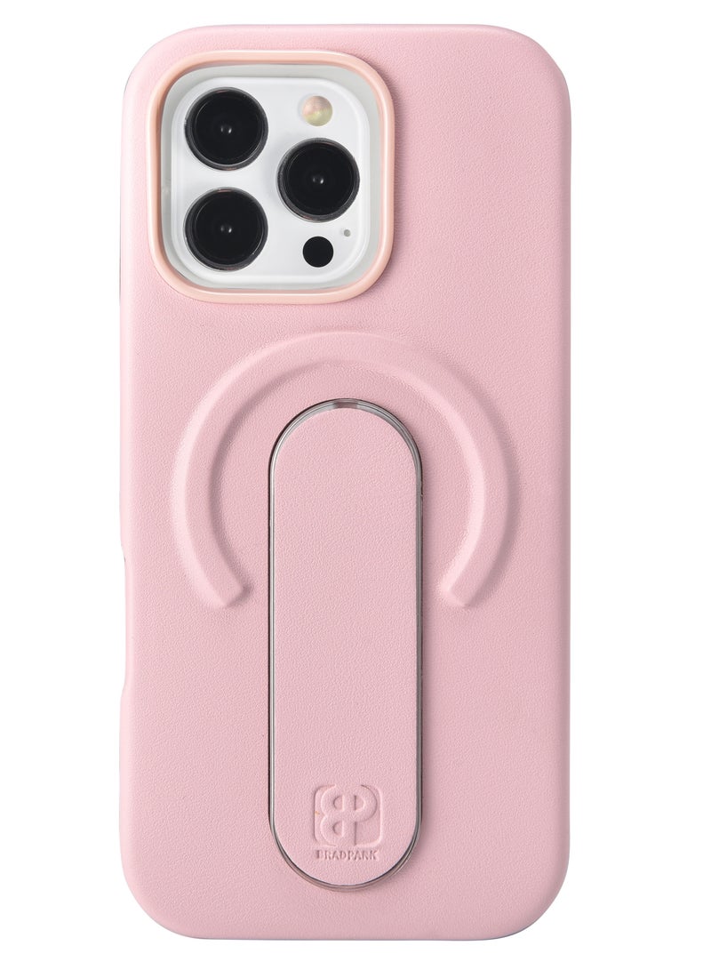 Brad Park premium case for iPhone 16 Pro featuring integrated grip that flips into a stand, MagSafe compatibility, durable scratch-resistant material, and raised camera protection.
