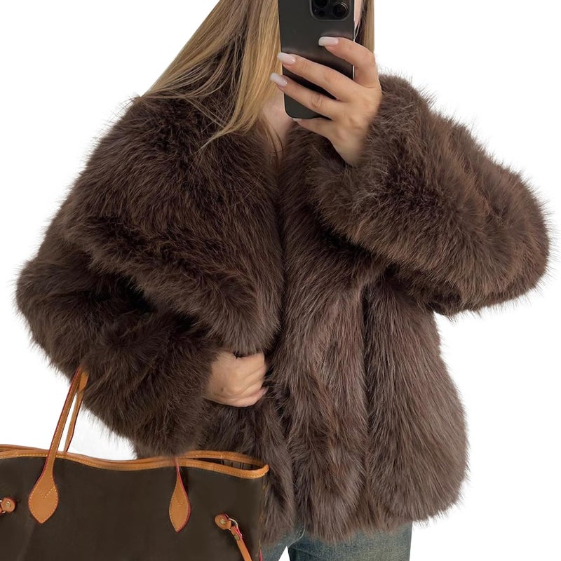Flygo Women's Faux Fur Coat Fluffy Faux Fur Jacket Long Sleeve Lapel Furry Winter Jackets Shaggy Parka Short Coat(Brown-L) - Image 1
