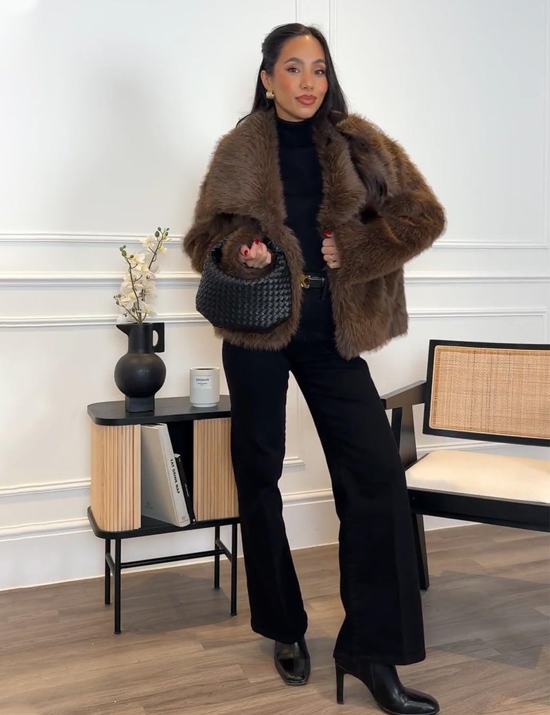 Flygo Women's Faux Fur Coat Fluffy Faux Fur Jacket Long Sleeve Lapel Furry Winter Jackets Shaggy Parka Short Coat(Brown-L) - Image 2