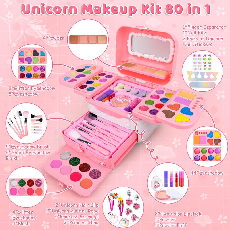 Auney 80 PCS Kids Makeup Kit for 3 4 5 6 7 8 Years Old, Unicorn Girls Toy for Little Girls Birthday, Princess Toys Dress Up Toy for Performance Dance Show Role Play Party - Image 2