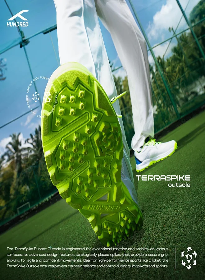 HUNDRED Hundred HyperDrive Cricket Shoes | TerraSpike Rubber Studs | Embedded Support Plate for Stability | Lightweight & Durable | Ideal for Turf, Ground & Hard Surfaces (White/Lime/Blue ; UK 10)