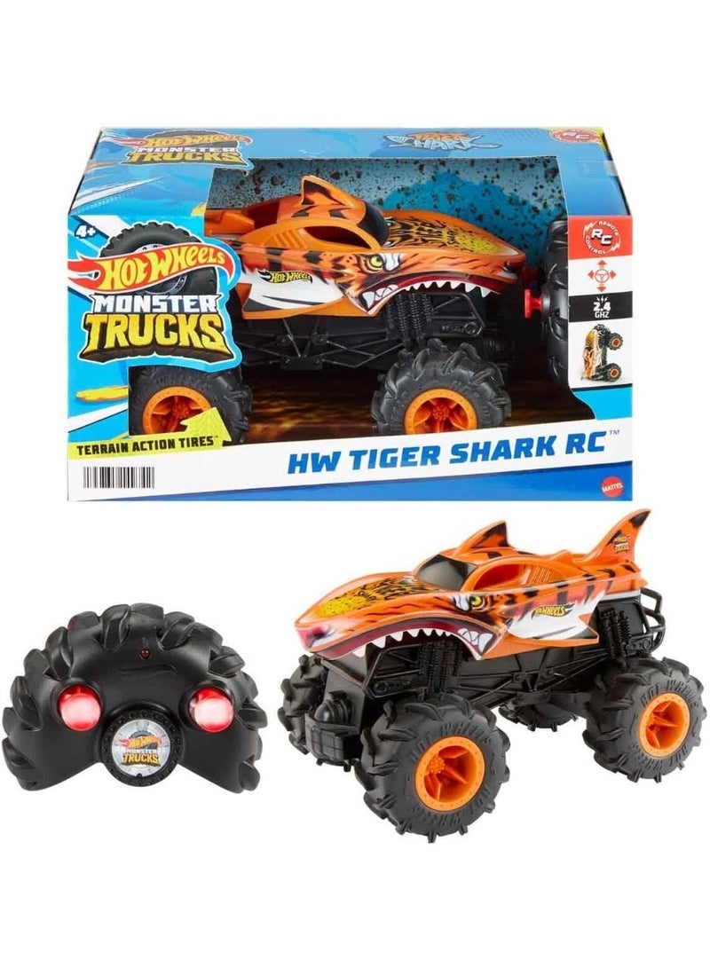 هوت ويلز شاحنة "تايغر شارك" (Tiger Shark) من سلسلة "هوت ويلز مونستر تراكس" (Hot Wheels Monster Trucks) بمقياس 1:24 (HNV03) | شاحنة ألعاب تعمل بالتحكم عن بُعد - Image 1
