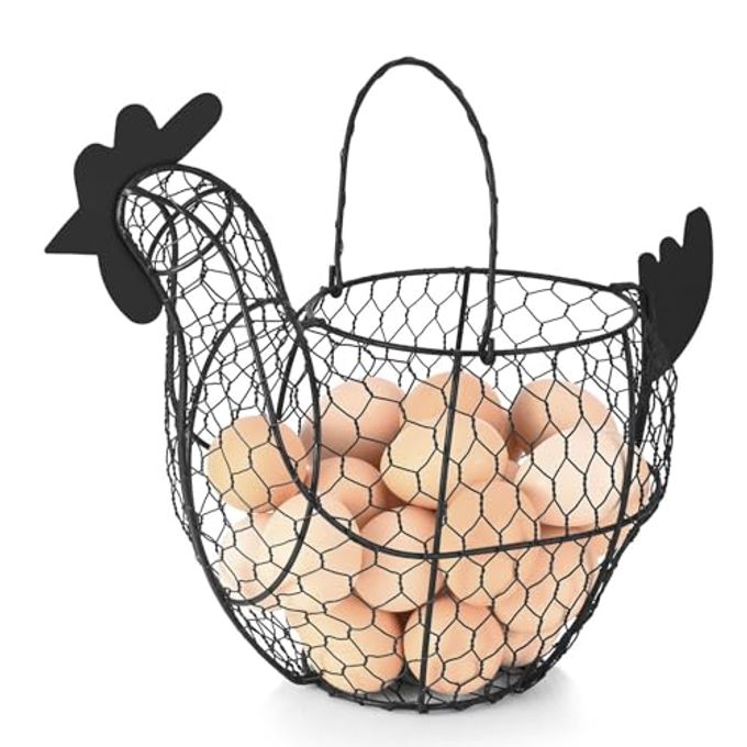 Flexzion Chicken Egg Basket for Collecting Eggs, Small Wire Egg Collecting Basket with Handle for Eggs, Fruits, Vegetables, Farmhouse Rustic Style Chicken Basket Decor for Kitchen Countertop, Black