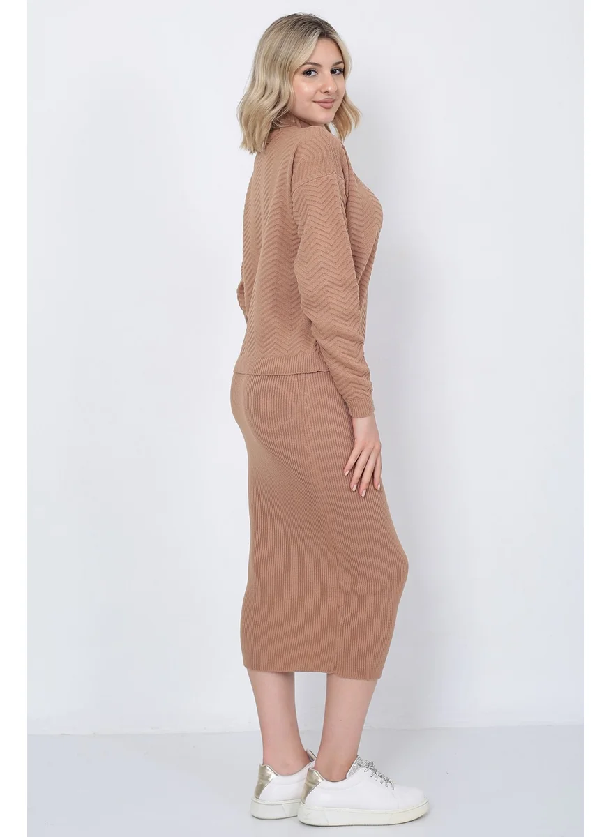 Lugmo Women's Knitwear Zigzag Striped Sweater and Skirt Set Oversize Mink