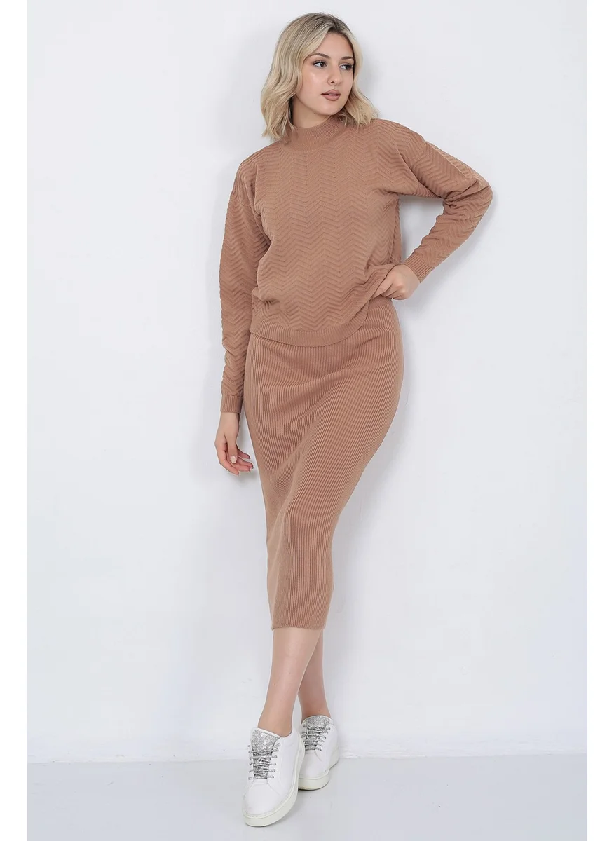 Lugmo Women's Knitwear Zigzag Striped Sweater and Skirt Set Oversize Mink