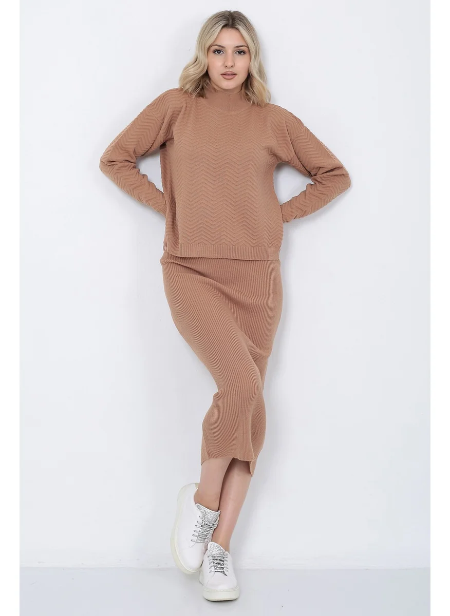 Lugmo Women's Knitwear Zigzag Striped Sweater and Skirt Set Oversize Mink