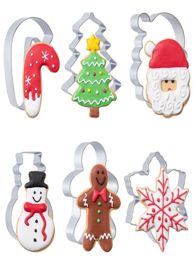 Husfunov Christmas Cookie Cutters Set 6 Pieces,Stainless Steel Metal Cutter with Christmas Tree, Gingerbread Man, Snowman, Snowflake, Candy Cane, Santa Face Shapes for Holiday - Image 1