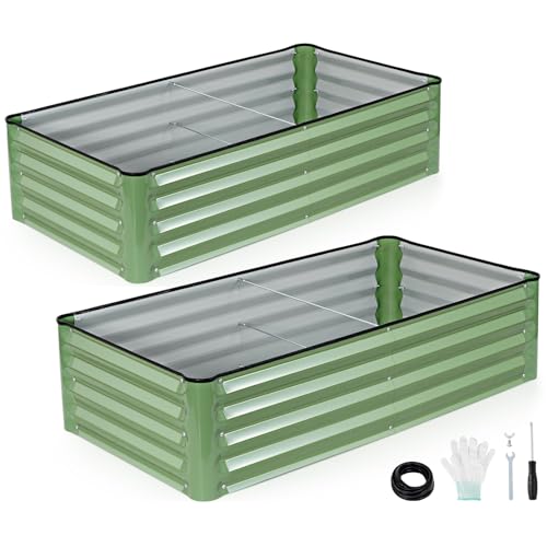 INNO STAGE Galvanized Raised Garden Bed Kits, 4x2x1ft Metal Raised Garden Beds Outdoor, Steel Raised Planter Bed with Gloves for Vegetables & Flowers Patio Ground Planter Box (Olive Green, 2PCS) - Image 1