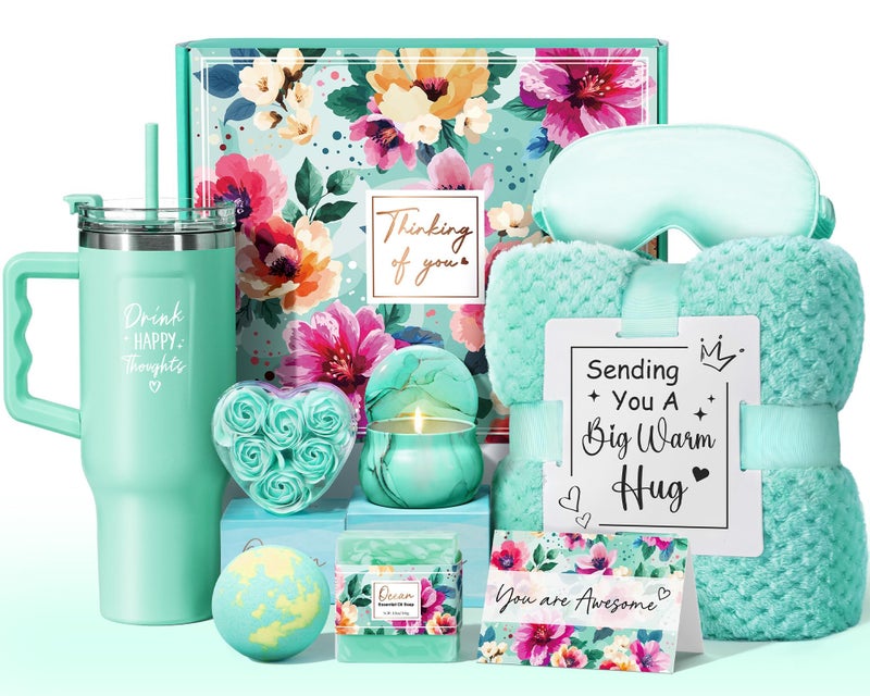 Qinline Birthday Gifts for Women Self Care Get Well Soon Gifts, Ocean Relaxing Spa Gift Box Care Package Basket w/ Luxury Flannel Blanket 40 oz Tumbler, Mother's Day Gift for Mom Her Wife Girlfriend Grandma - Image 1