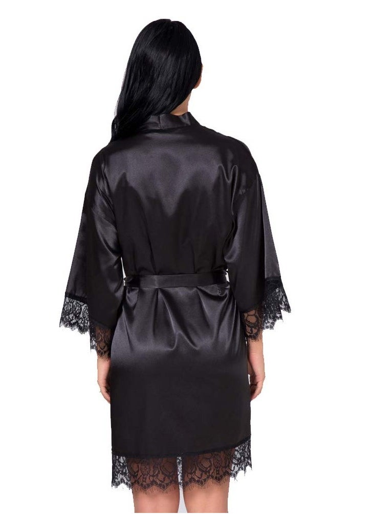 MARGOUN Women Satin Robe Belted Silky Robe Sleepwear Bridal Robe Kimono Lace Sleeve Nightgown Black  - Image 3