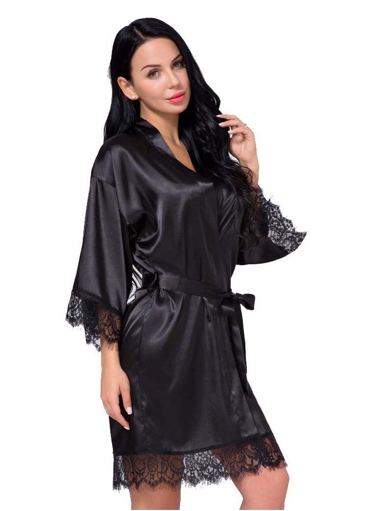 MARGOUN Women Satin Robe Belted Silky Robe Sleepwear Bridal Robe Kimono Lace Sleeve Nightgown Black  - Image 4