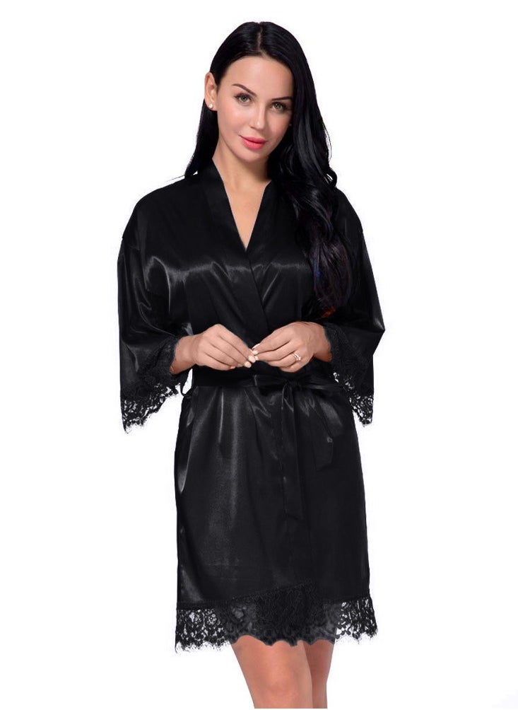 MARGOUN Women Satin Robe Belted Silky Robe Sleepwear Bridal Robe Kimono Lace Sleeve Nightgown Black  - Image 5