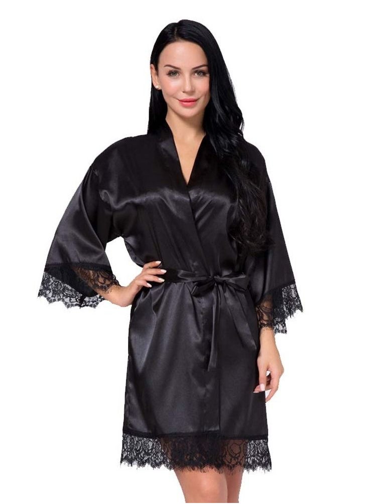MARGOUN Women Satin Robe Belted Silky Robe Sleepwear Bridal Robe Kimono Lace Sleeve Nightgown Black  - Image 1