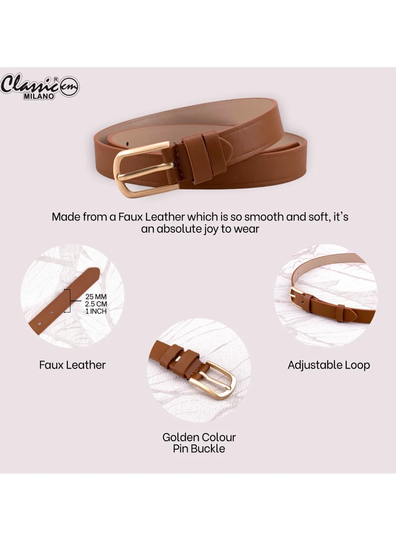 Classic Milano Tan (SGPU40) Classic Milano Women's Belt with Gift Box; Faux Leather Ladies Belt for Dresses, Jeans & Gowns; Stylish Womens Belt; Adjustable Girls Belt; Belt for Women | Full Length: 110 CM (Free Size - Fits up to the waist of 40 Inches / 100 CM) for Women | Best Price UAE