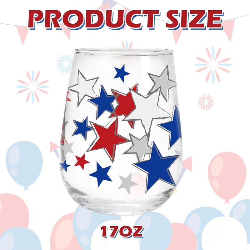 Whaline 2Pcs Patriotic Stemless Wine Glasses 17oz Red Blue White Star Drinking Glasses Star Patterned Tumbler Cups Independence Day Party Cups for 4th of July Party Supplies Kitchen Decorations Gifts - Image 2