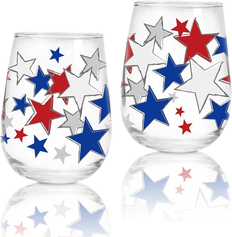 Whaline 2Pcs Patriotic Stemless Wine Glasses 17oz Red Blue White Star Drinking Glasses Star Patterned Tumbler Cups Independence Day Party Cups for 4th of July Party Supplies Kitchen Decorations Gifts - Image 1