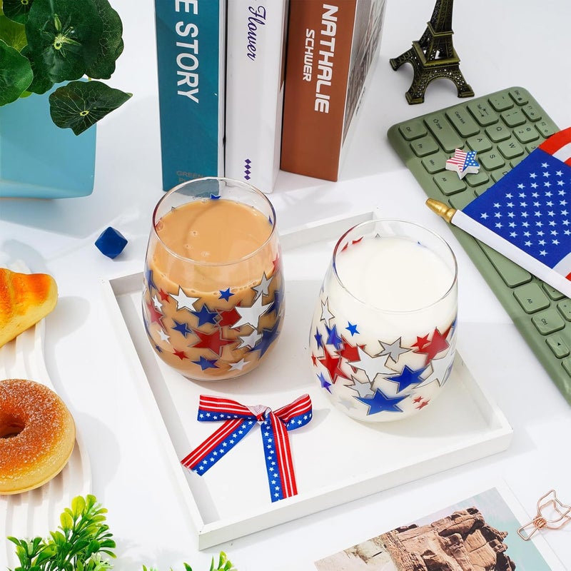 Whaline 2Pcs Patriotic Stemless Wine Glasses 17oz Red Blue White Star Drinking Glasses Star Patterned Tumbler Cups Independence Day Party Cups for 4th of July Party Supplies Kitchen Decorations Gifts - Image 3