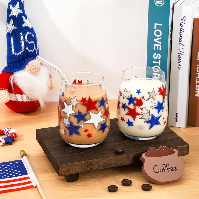 Whaline 2Pcs Patriotic Stemless Wine Glasses 17oz Red Blue White Star Drinking Glasses Star Patterned Tumbler Cups Independence Day Party Cups for 4th of July Party Supplies Kitchen Decorations Gifts - Image 4