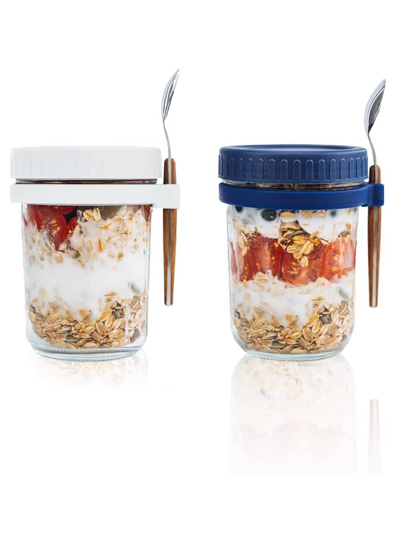 Arabest - 2PCS Overnight Oats Jars with Lid and Spoon, 350ml Large Capacity Airtight Oatmeal Container with Measurement Marks, Portable Jars Breakfast Container for Salads Yogurt Cereal Milk (White and Blue) - Image 1