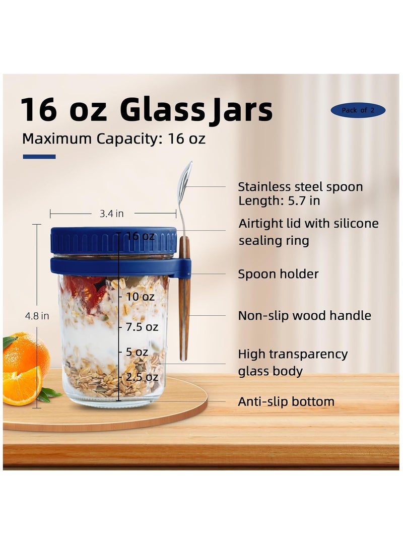 Arabest - 2PCS Overnight Oats Jars with Lid and Spoon, 350ml Large Capacity Airtight Oatmeal Container with Measurement Marks, Portable Jars Breakfast Container for Salads Yogurt Cereal Milk (White and Blue) - Image 1