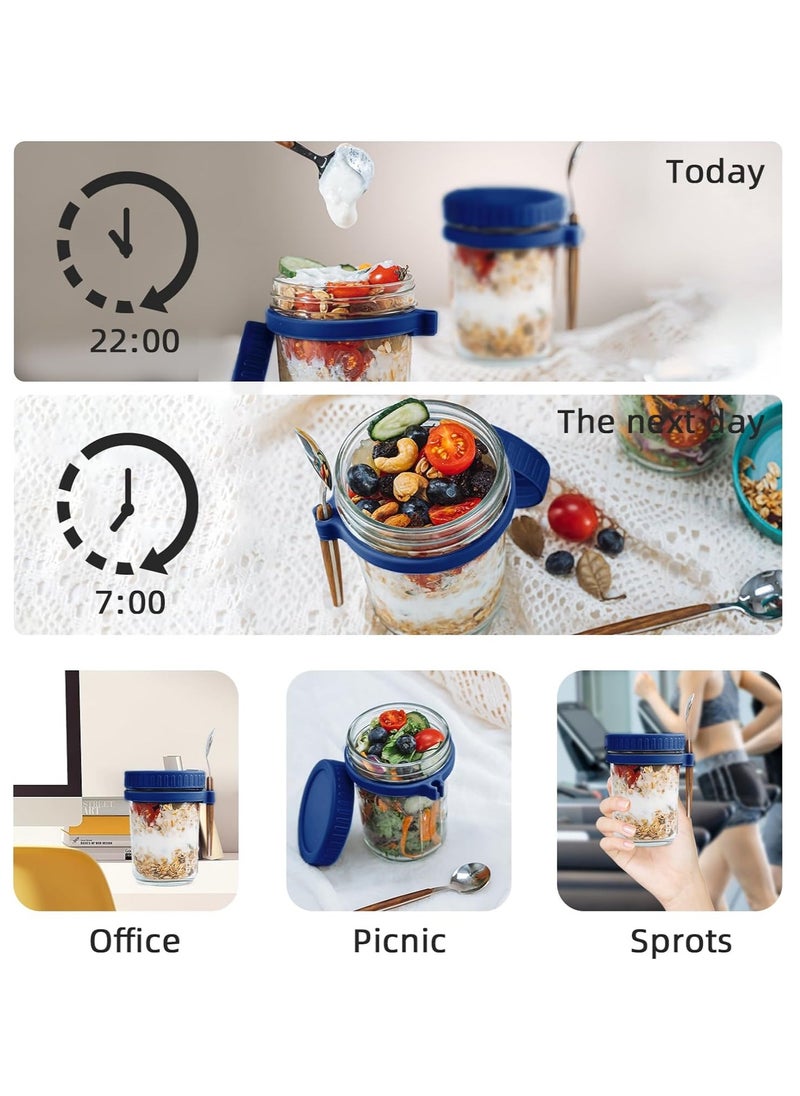 Arabest - 2PCS Overnight Oats Jars with Lid and Spoon, 350ml Large Capacity Airtight Oatmeal Container with Measurement Marks, Portable Jars Breakfast Container for Salads Yogurt Cereal Milk (White and Blue) - Image 1